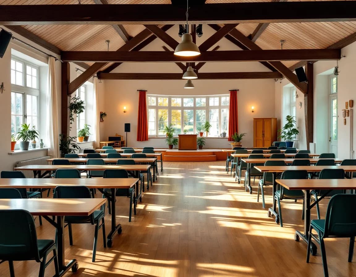 Heller Saal des Bürgerhauses mit langen Tischen und Stühlen