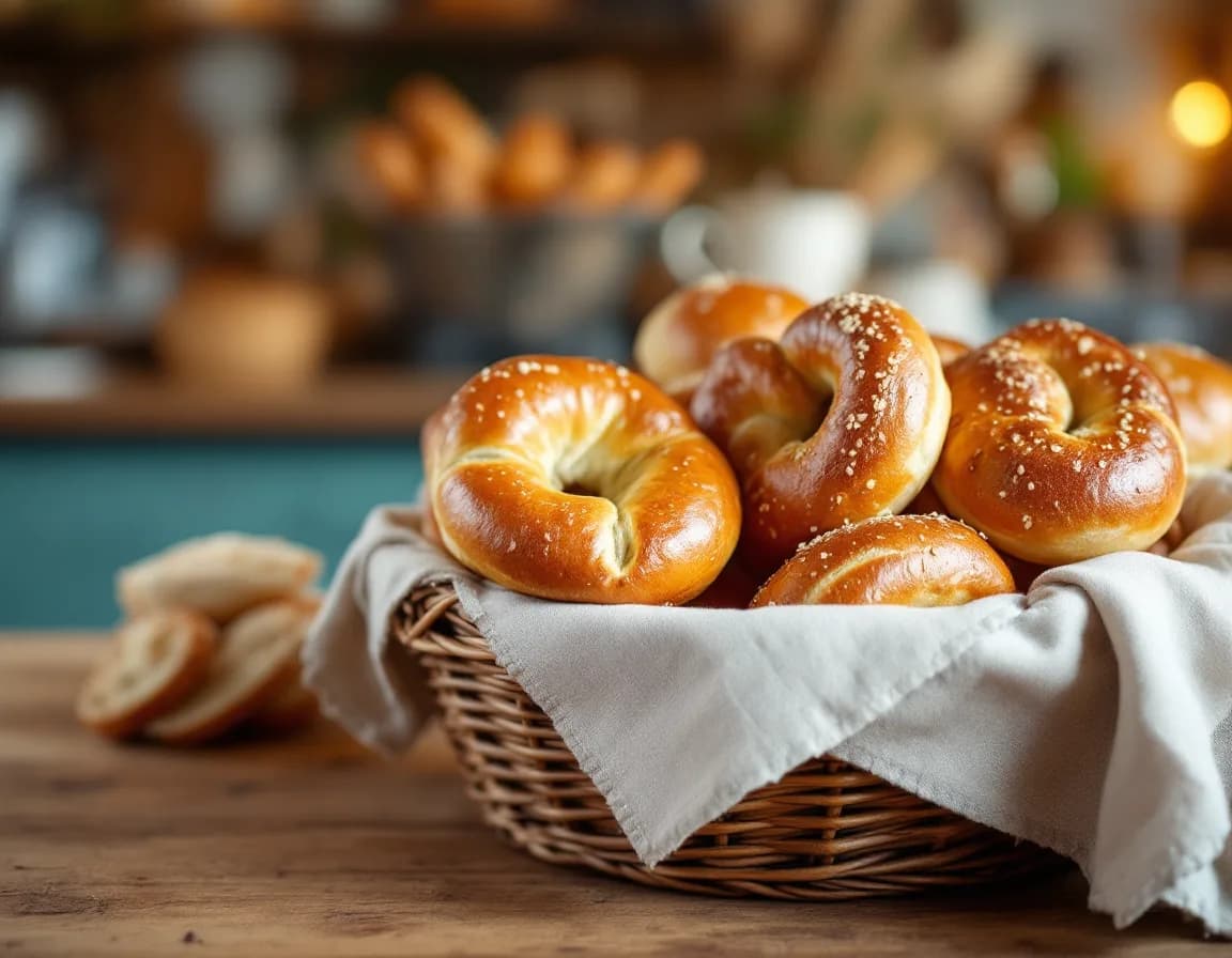 Brotkorb mit Brötchen und Brezeln auf einer Holztheke