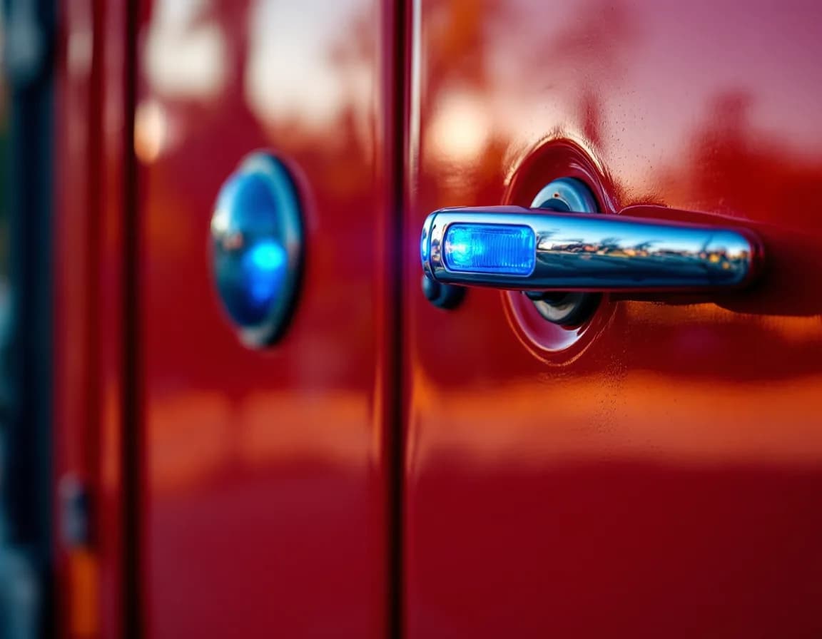 Detail eines roten Feuerwehrfahrzeugs mit Blaulicht