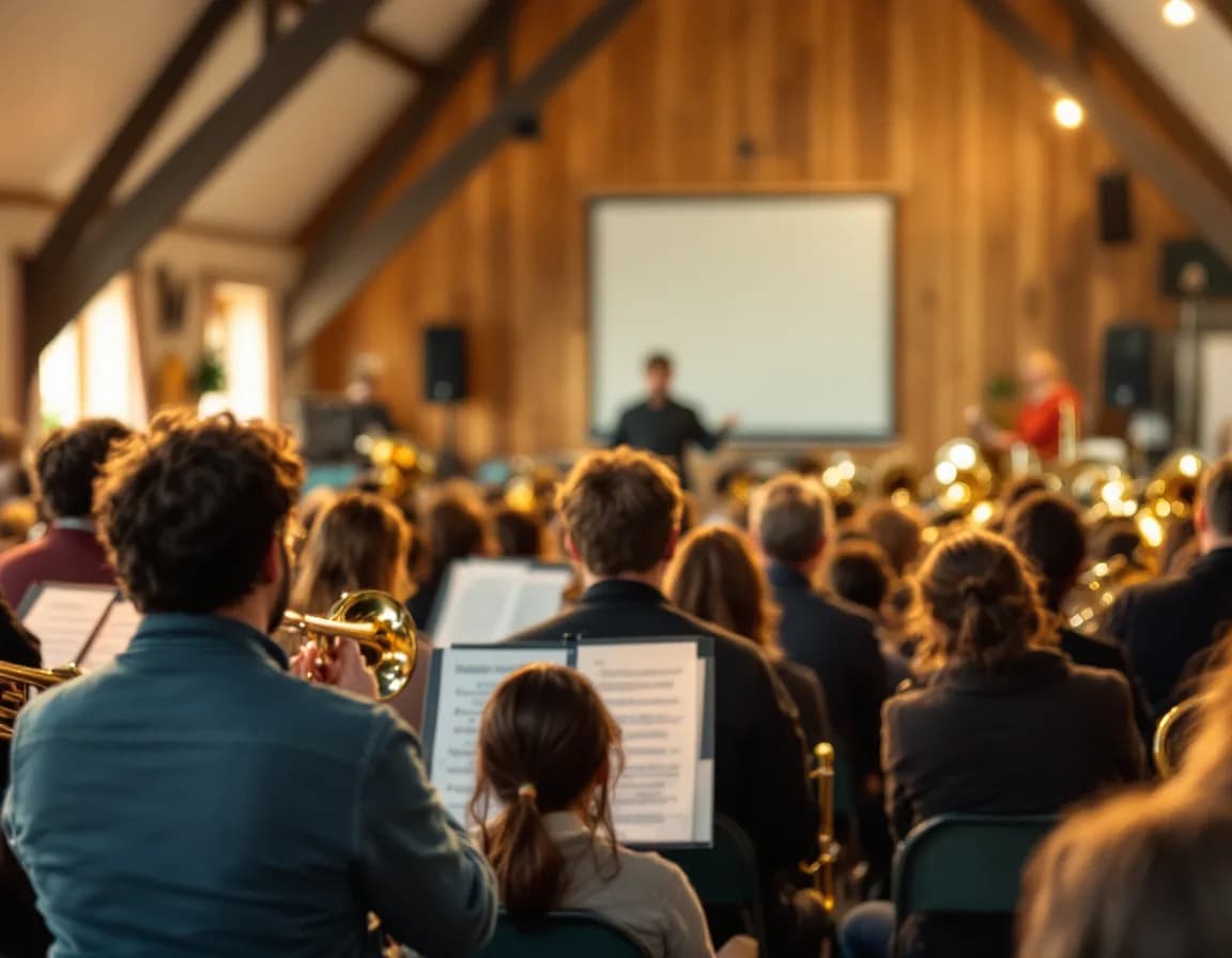 Musikverein bei der Probe, von hinten, mit Notenständern und Blechblasinstrumenten