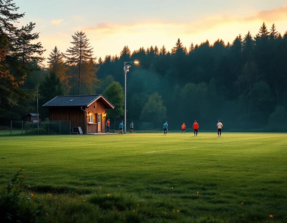 Fußballplatz mit Vereinsheim und Spielern in der Ferne beim Training