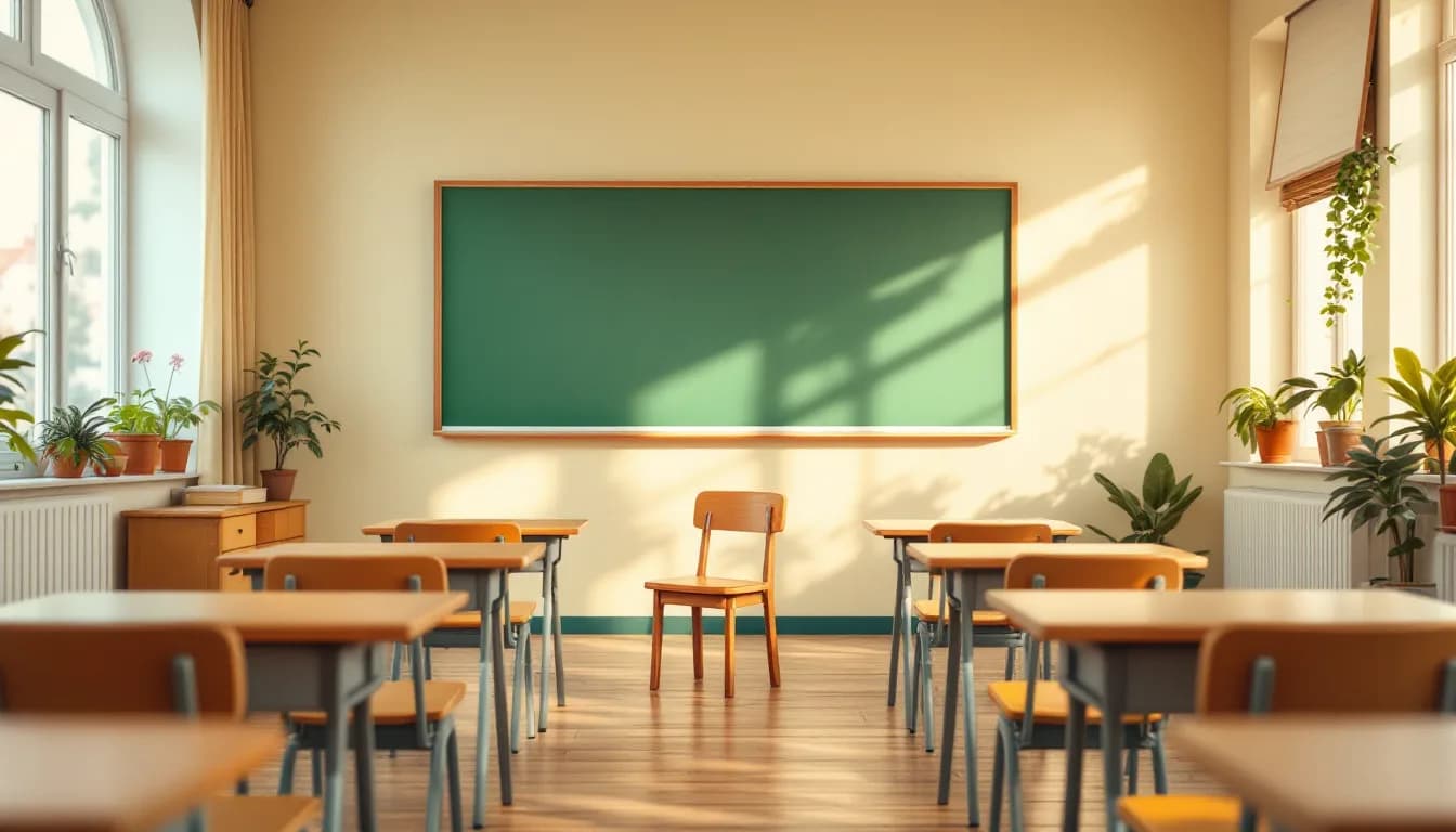 Leeres Klassenzimmer mit Holztischen und sauberer Tafel