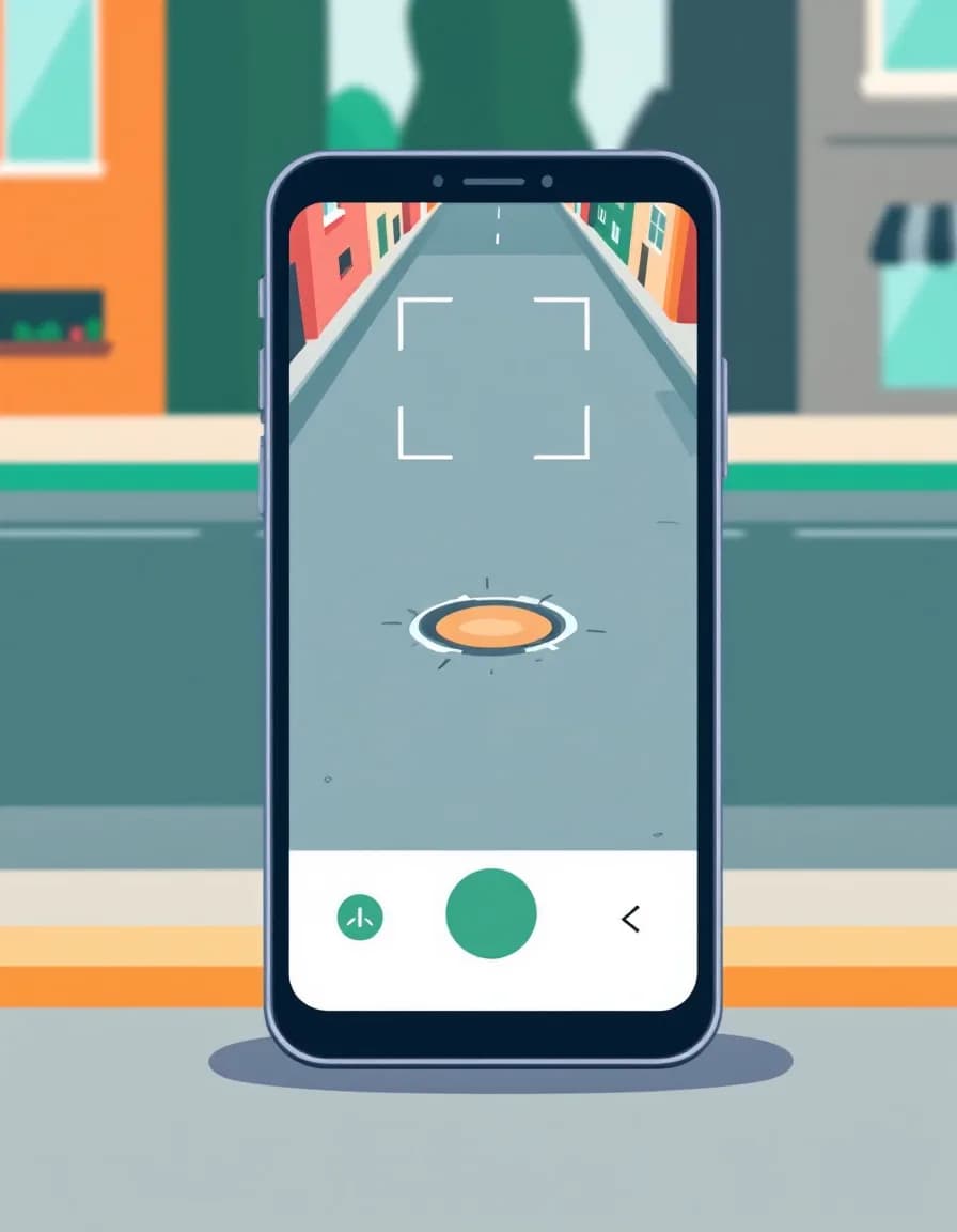 Smartphone mit Kamerarahmen über einem Schlagloch