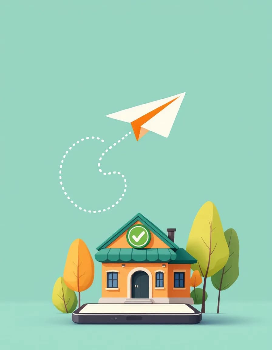 Papierflieger fliegt vom Smartphone zum Rathaus