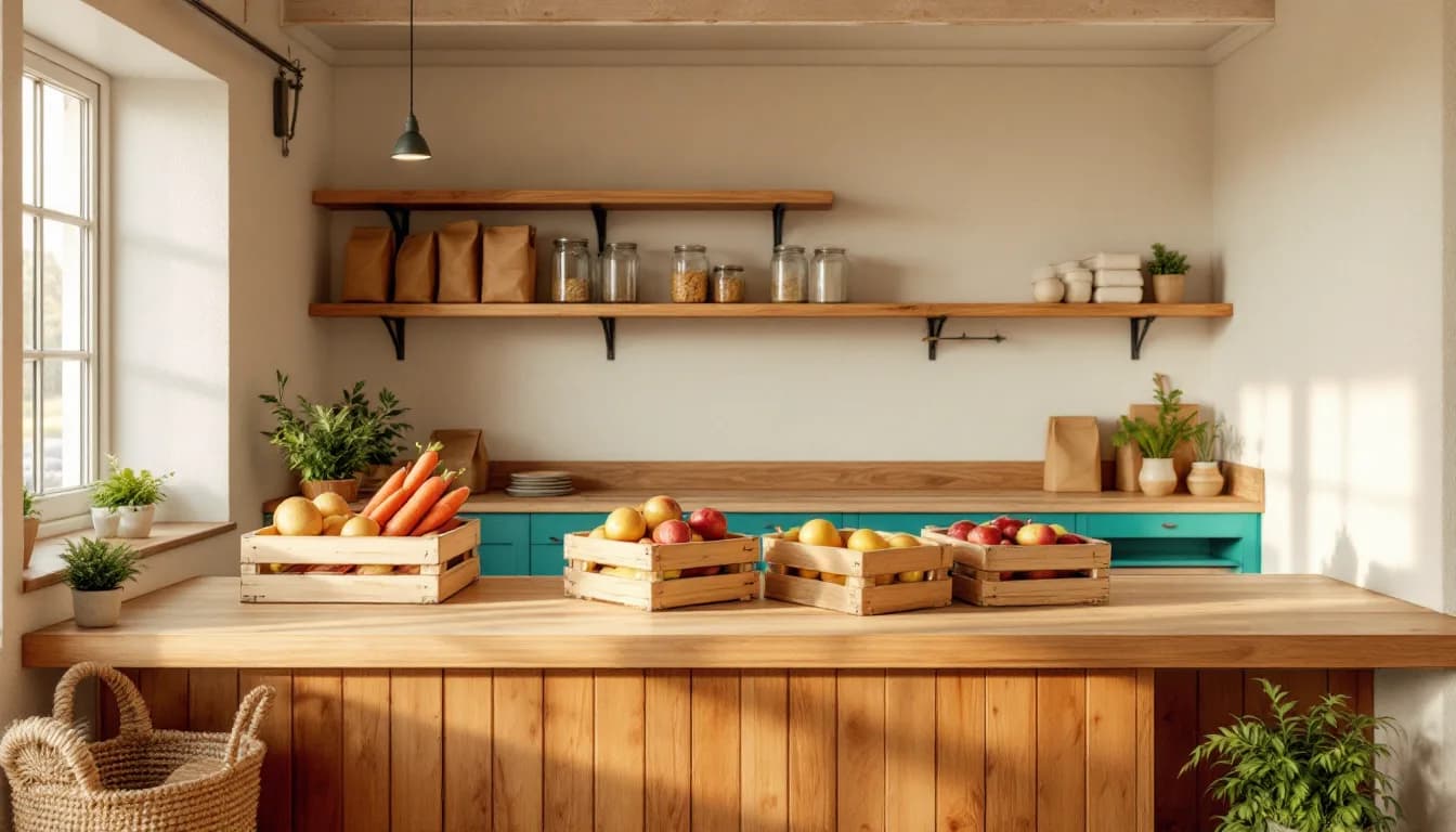 Symbolbild: Ladentheke eines kleinen Dorfladens mit offenen Holzkisten voller Kartoffeln, Karotten und Äpfel