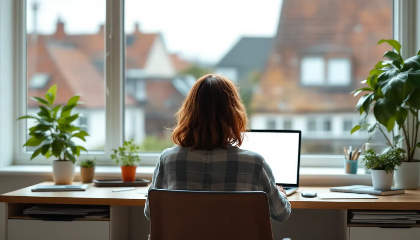 Person von hinten am Schreibtisch mit Laptop im Rathaus