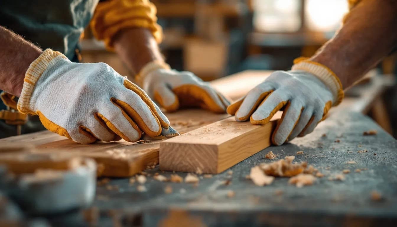 Hände eines Auszubildenden messen einen Holzbalken