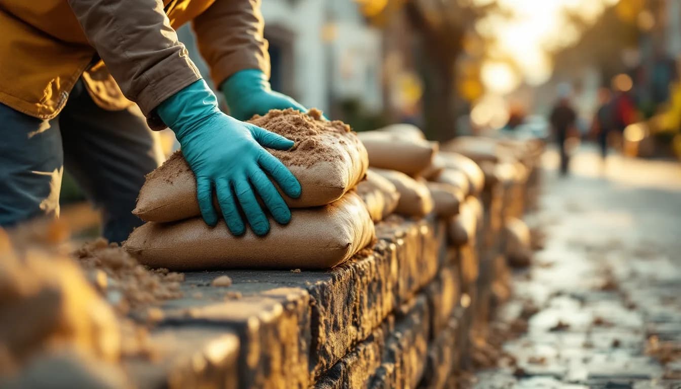 Hände stapeln Sandsäcke, Helfer im Hintergrund von hinten