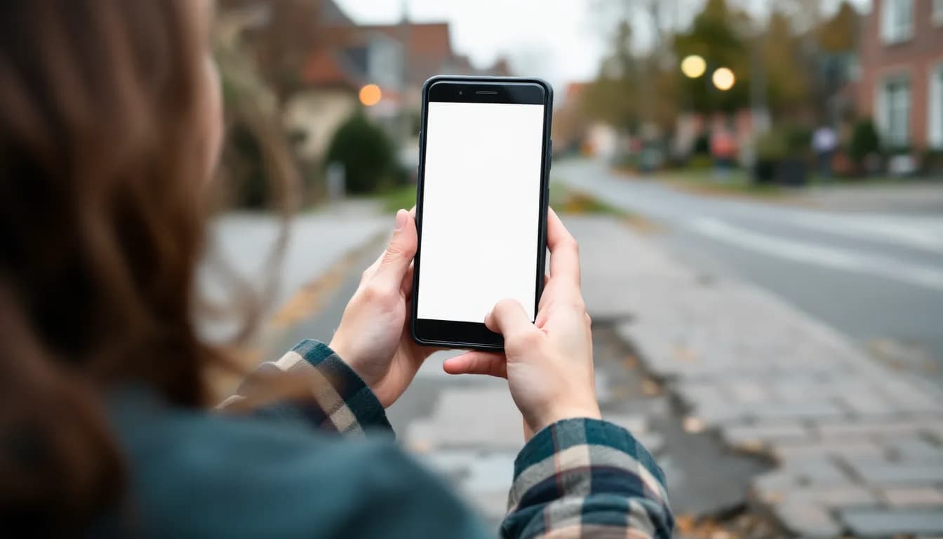 Person von hinten fotografiert einen Gehwegschaden mit dem Smartphone