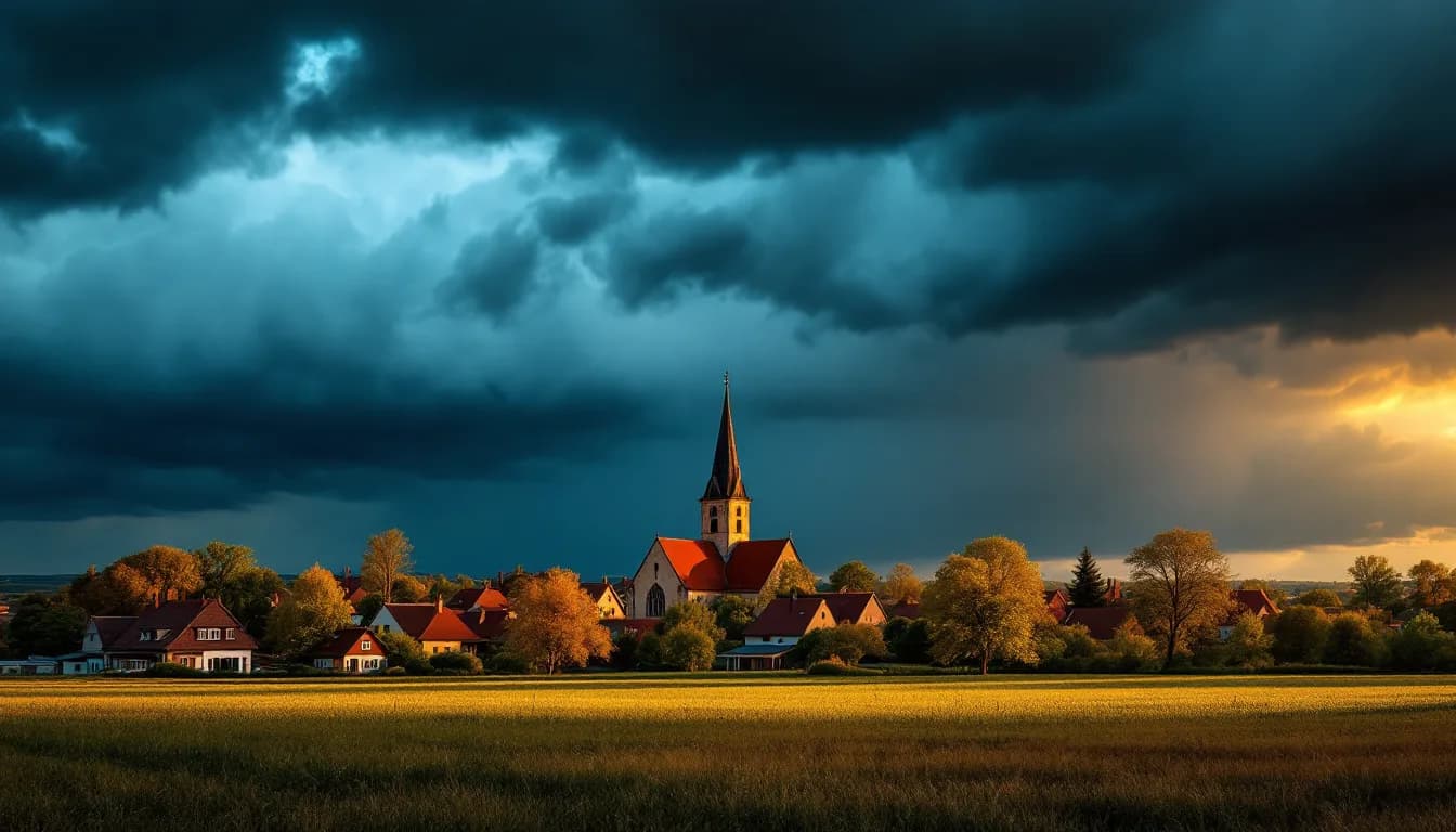 Dunkle Gewitterwolken über einem Dorf mit Kirchturm