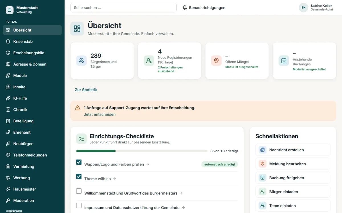Übersicht der Gemeindeverwaltung mit Einrichtungs-Checkliste, Kennzahlen und Schnellaktionen