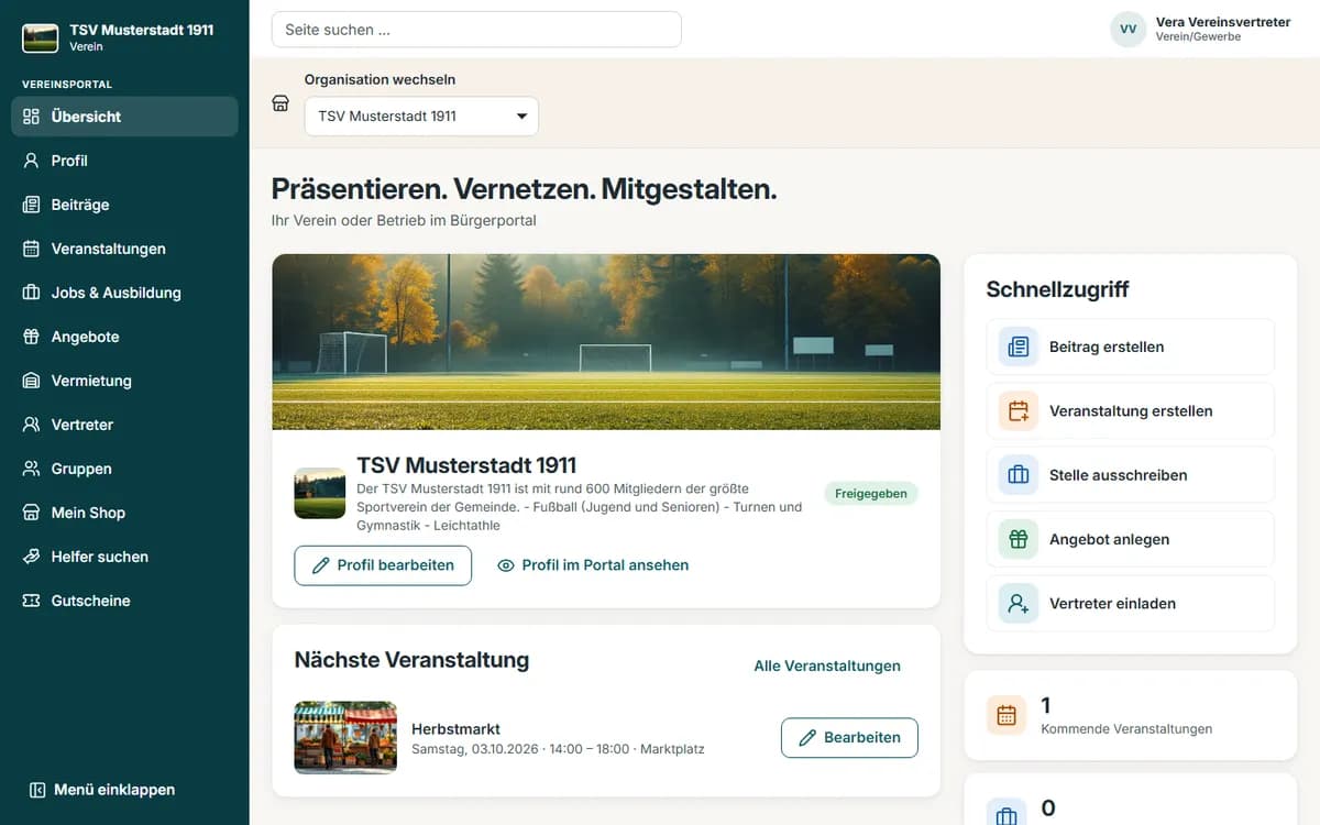 Übersicht des Vereins- und Gewerbeportals mit Vereinsprofil, nächster Veranstaltung, Schnellzugriff und Zählern