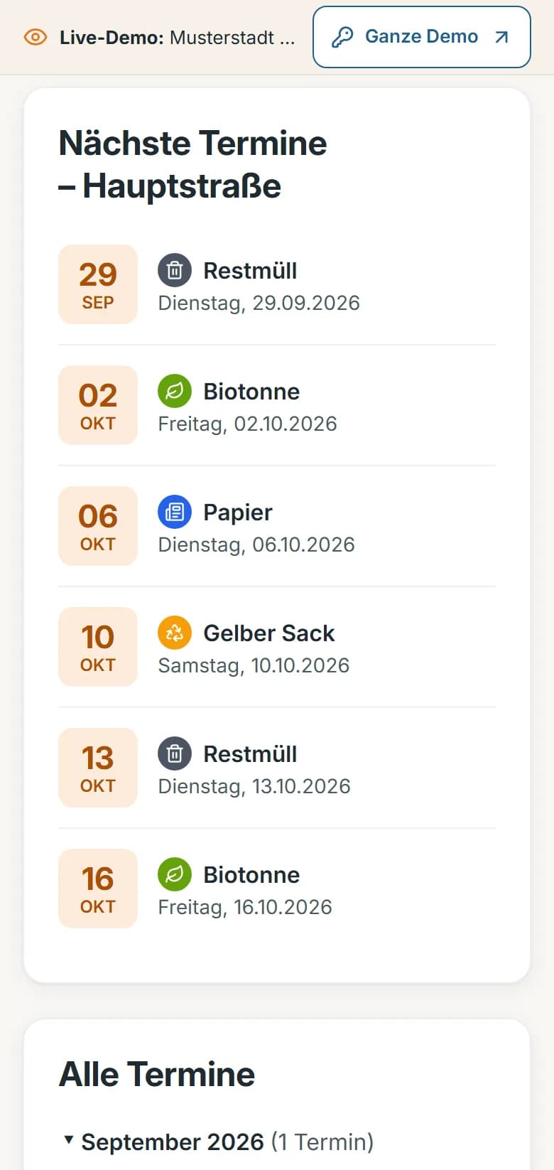 Abfallkalender der Demo-Gemeinde Musterstadt: die nächsten Abfuhrtermine für die Hauptstraße – Restmüll, Biotonne, Papier, Gelber Sack – mit Datum