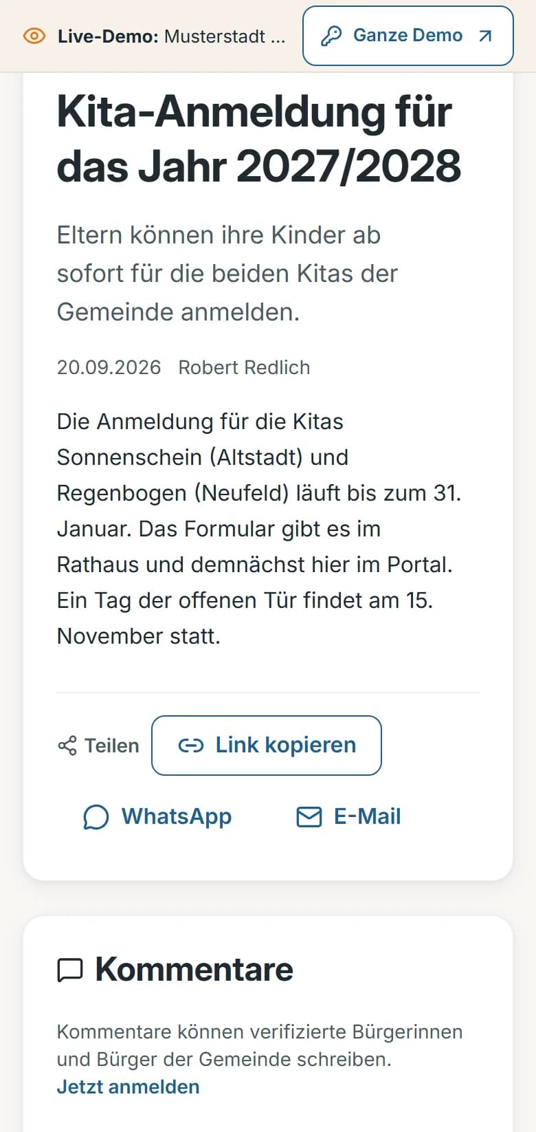 Aktuelles der Demo-Gemeinde Musterstadt: die geöffnete Meldung „Kita-Anmeldung für das Jahr 2027/2028“ mit Vorspann, Datum, Text und Teilen-Knöpfen