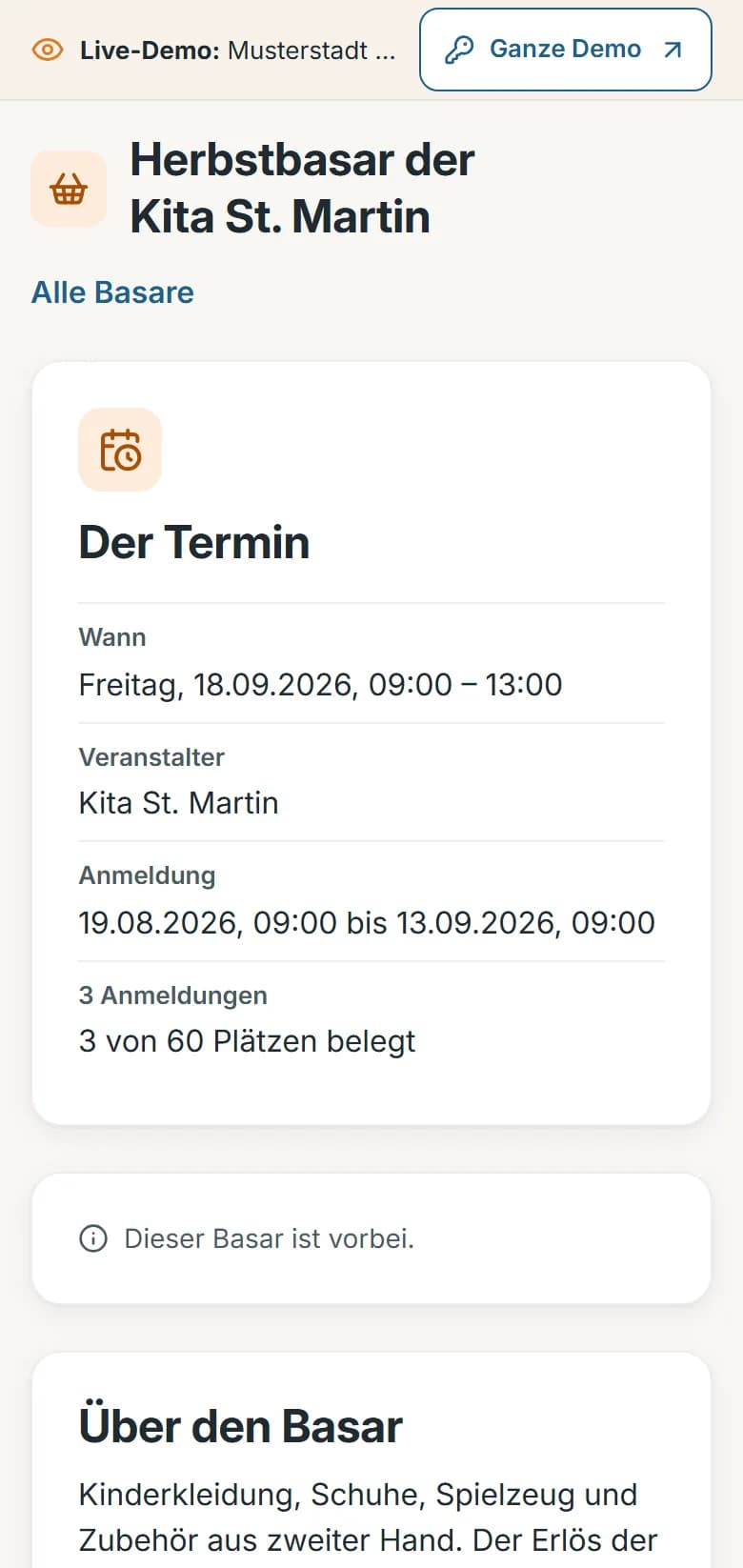 Basar der Demo-Gemeinde Musterstadt: der Herbstbasar der Kita St. Martin mit Termin, Veranstalter, Anmeldezeitraum, belegten Plätzen und dem Hinweis „Dieser Basar ist vorbei“