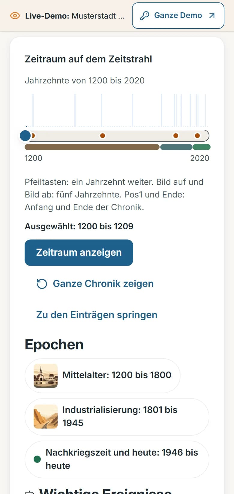 Zeitreise der Demo-Gemeinde Musterstadt: der Zeitstrahl von 1200 bis heute mit Meilensteinen, den farbigen Epochenbändern und den drei Epochen darunter