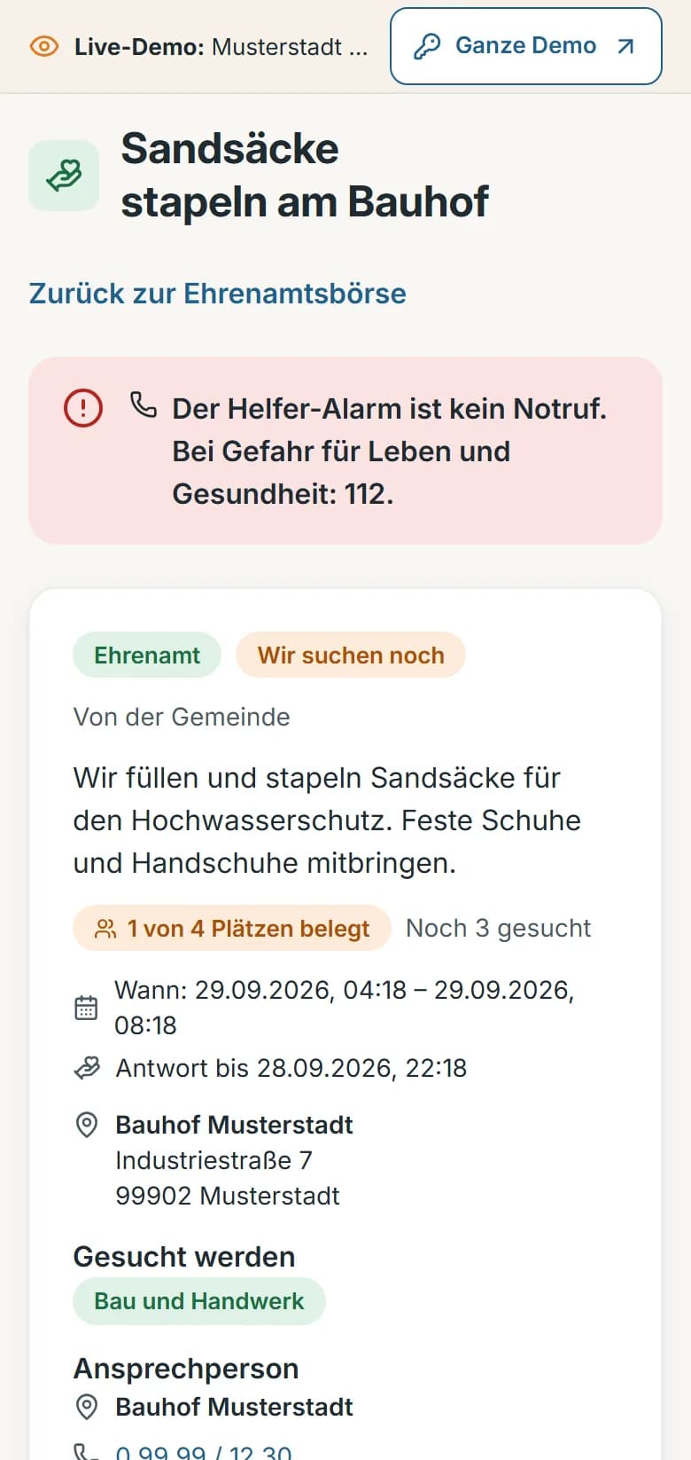 Ehrenamtsbörse der Demo-Gemeinde Musterstadt: der Aufruf „Sandsäcke stapeln am Bauhof“ mit Stand „Wir suchen noch“, Termin, Ort und „1 von 4 Plätzen belegt“