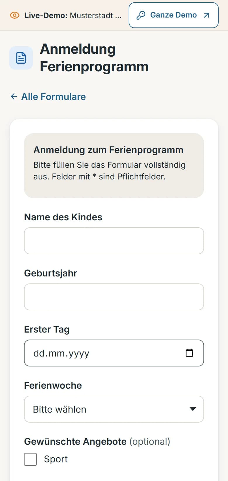 Formulare der Demo-Gemeinde Musterstadt: das Anmeldeformular zum Ferienprogramm mit Hinweis und den Feldern Name des Kindes, Geburtsjahr, erster Tag und Ferienwoche