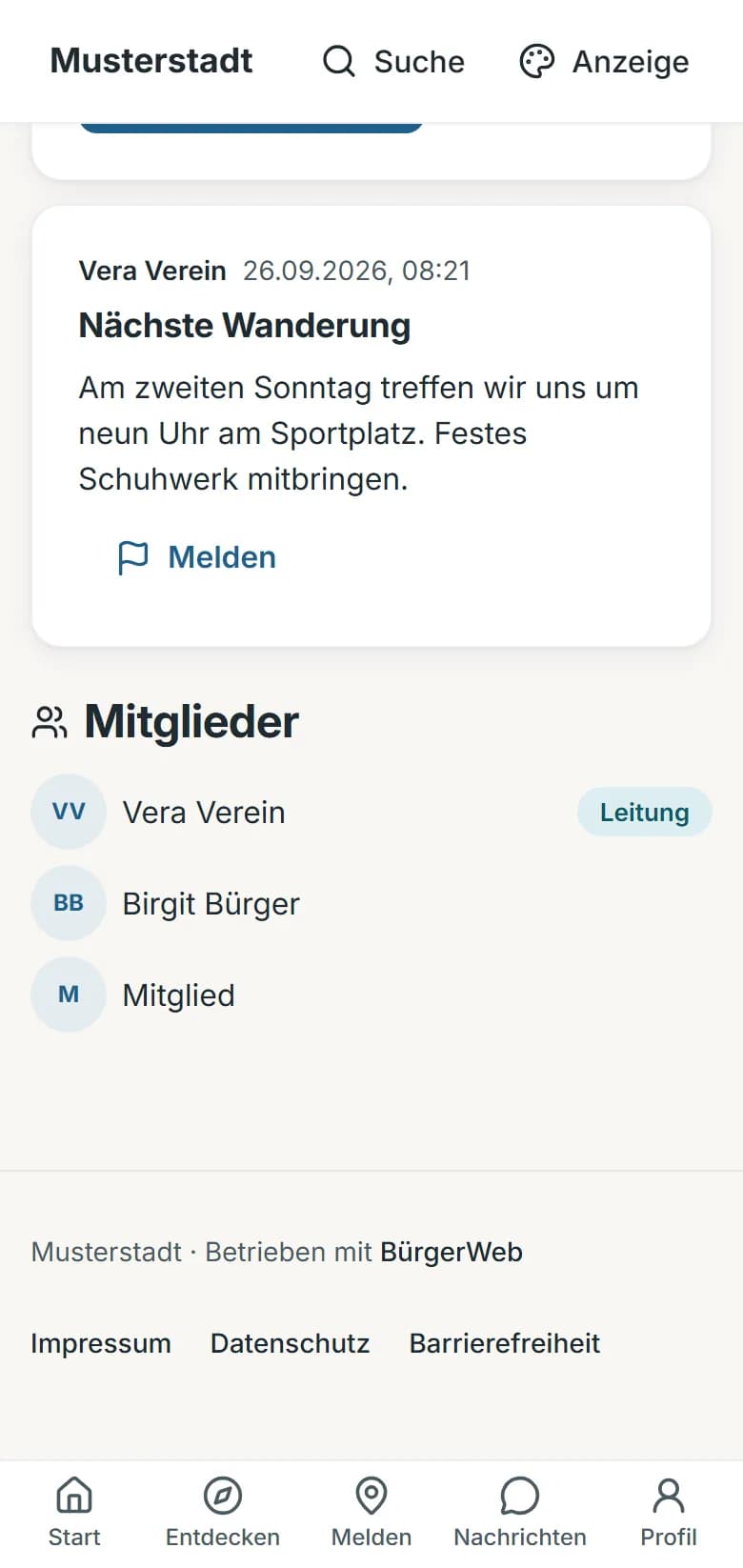 Gruppen der Demo-Gemeinde Musterstadt: in der Wandergruppe des TSV der Beitrag „Nächste Wanderung“ der Gruppenleitung und die Mitgliederliste – Leitung, ein Mitglied mit Namen und ein Mitglied ohne Namen
