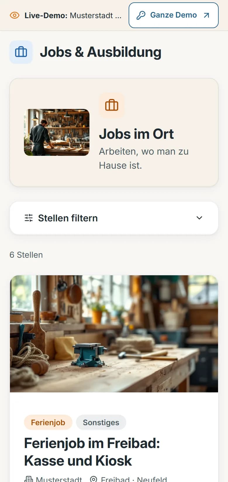Jobs & Ausbildung der Demo-Gemeinde Musterstadt: die Stellenliste mit Ausbildung, Teilzeit und Minijob aus Rathaus, Bäckerei, Werkstatt und Verein