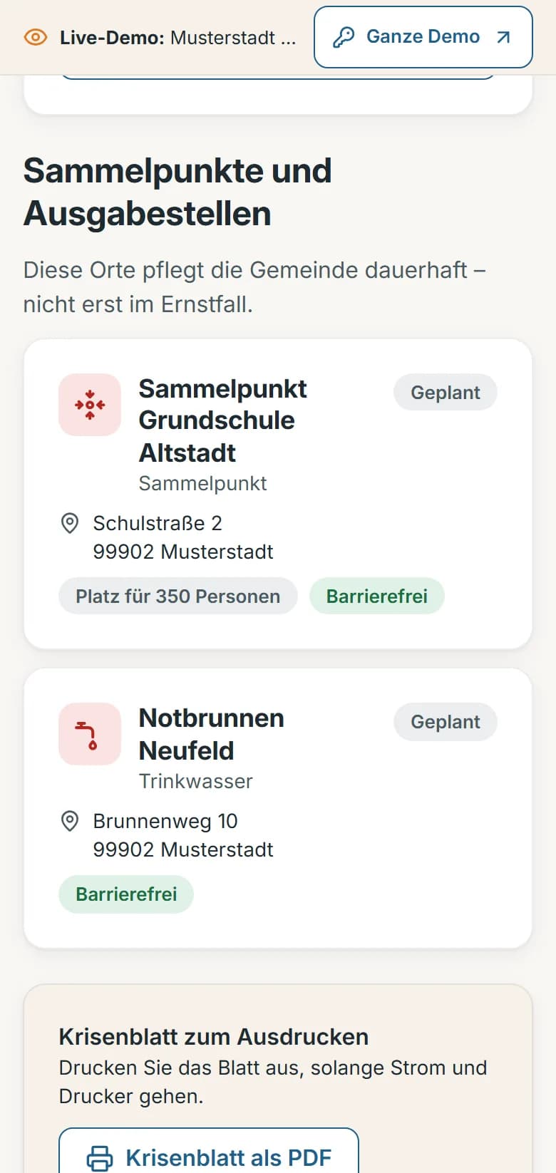 Krisenseite der Demo-Gemeinde Musterstadt: die dauerhaft gepflegten Sammelpunkte und Ausgabestellen mit Adresse, Platz und Barrierefreiheit