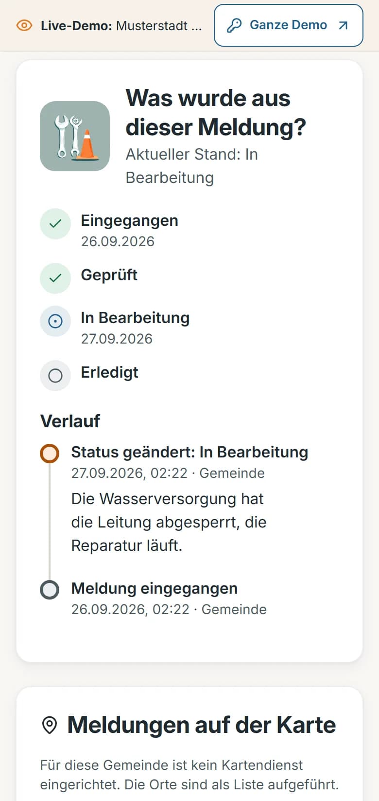 Mängelmelder der Demo-Gemeinde Musterstadt: der Bearbeitungsstand einer Meldung – Eingegangen, Geprüft, In Bearbeitung, Erledigt – mit dem Verlauf und der Antwort der Gemeinde