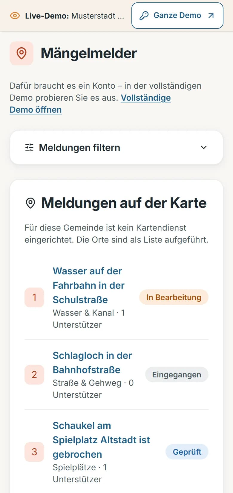 Mängelmelder der Demo-Gemeinde Musterstadt: Liste offener Meldungen mit Kategorie, Status und Ortsteil