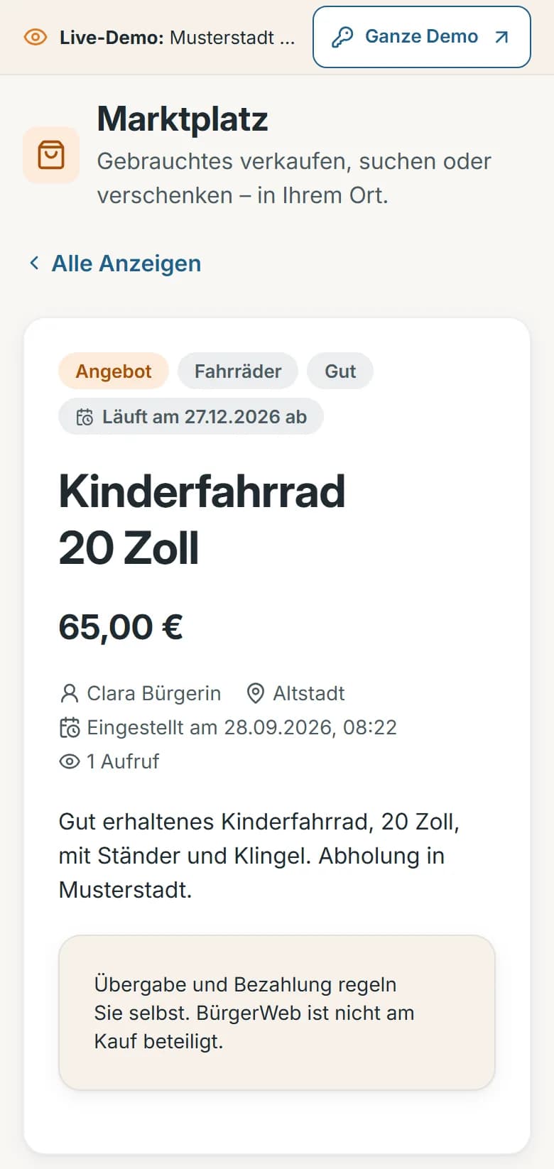 Marktplatz der Demo-Gemeinde Musterstadt: die Anzeige „Kinderfahrrad 20 Zoll“ mit Angebot, Kategorie, Zustand, Laufzeit, dem Preis 65,00 €, Anbieterin, Ortsteil, Beschreibung und dem Hinweis „Übergabe und Bezahlung regeln Sie selbst“