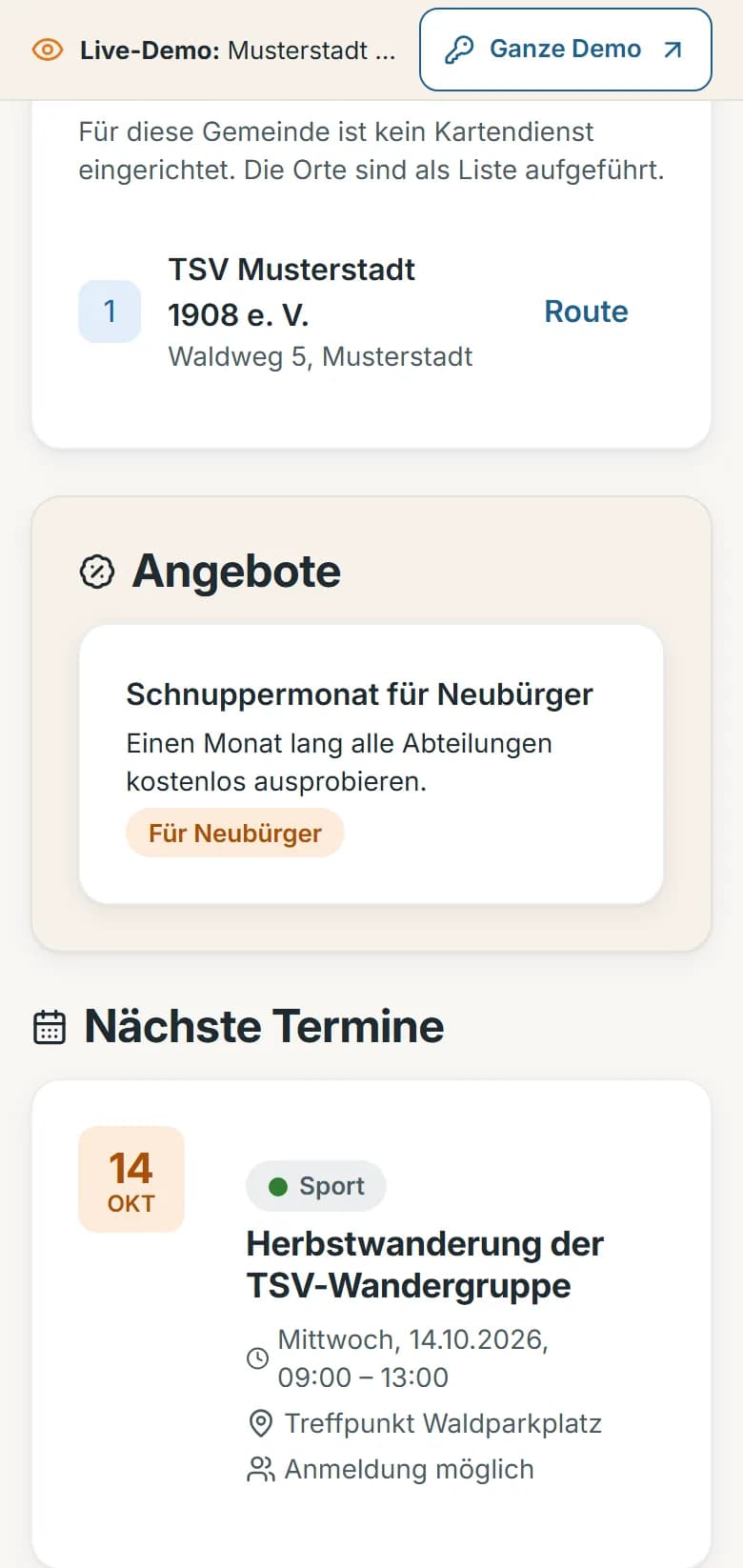 Vereinsseite des TSV Musterstadt in der Demo-Gemeinde: Adresse, das Angebot „Schnuppermonat für Neubürger“ und die nächsten Termine des Vereins
