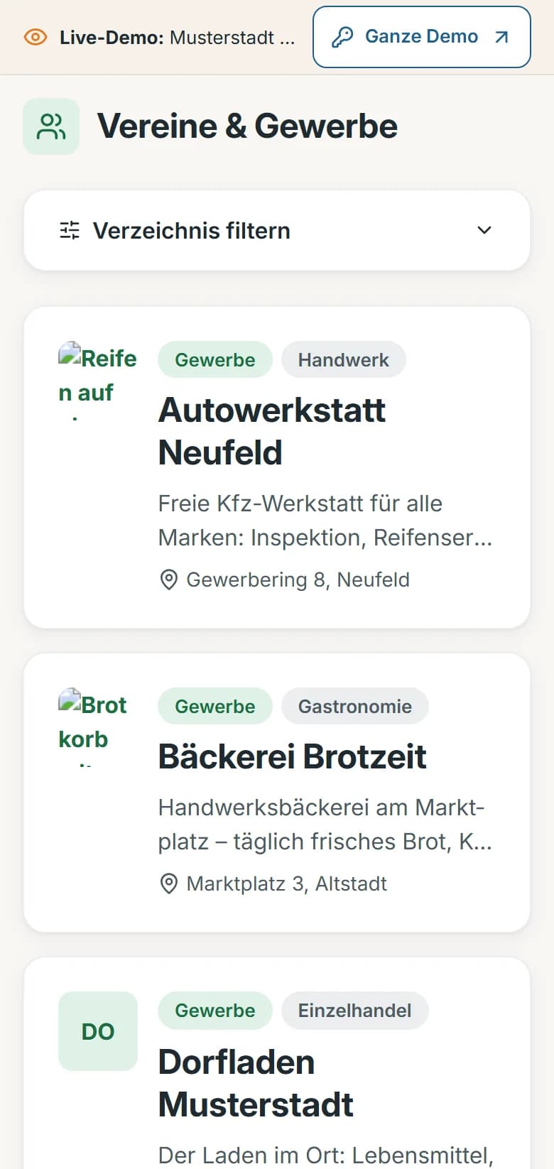Vereine und Gewerbe der Demo-Gemeinde Musterstadt: das Verzeichnis mit Sportverein, Bäckerei, Musikverein, Feuerwehr, Werkstatt und Kirchengemeinde, jeweils mit Art, Kategorie und Ortsteil