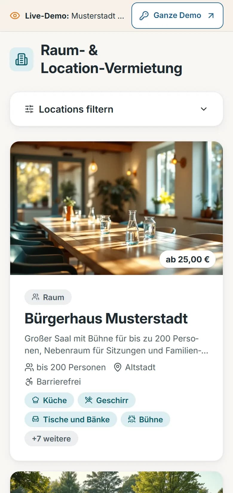 Raum- und Location-Vermietung der Demo-Gemeinde Musterstadt: Liste der Locations mit Art, Kapazität und Preis