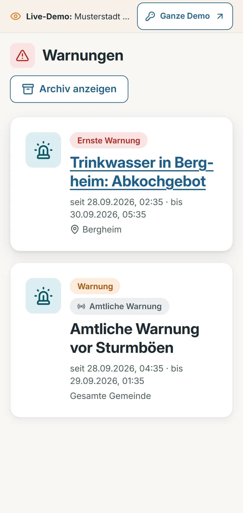 Warnungen der Demo-Gemeinde Musterstadt: die Liste der gültigen Warnmeldungen mit Warnstufe, Gültigkeit und betroffenem Ortsteil