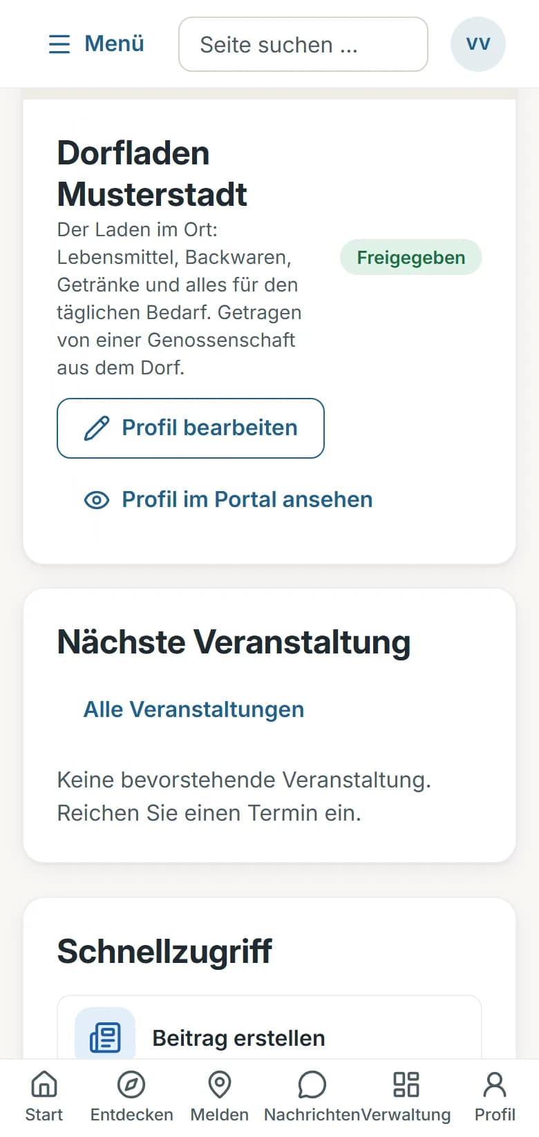 Gewerbeportal des Dorfladens Musterstadt: Übersicht mit Profil, Zählern und Schnellzugriff auf Beitrag, Veranstaltung, Stelle und Angebot