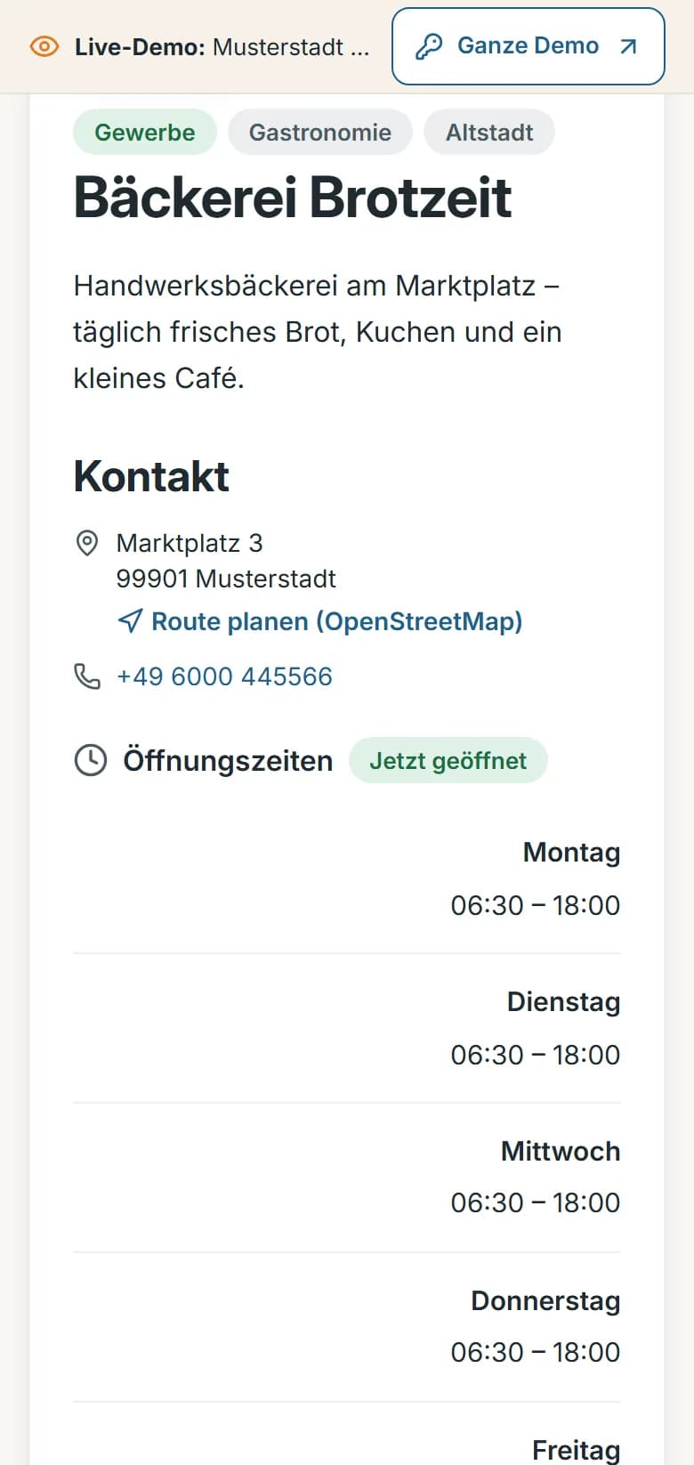 Firmenprofil der Bäckerei Brotzeit in der Demo-Gemeinde Musterstadt: Kennzeichnung „Gewerbe“, Beschreibung, Kontakt und Öffnungszeiten mit „Jetzt geöffnet“