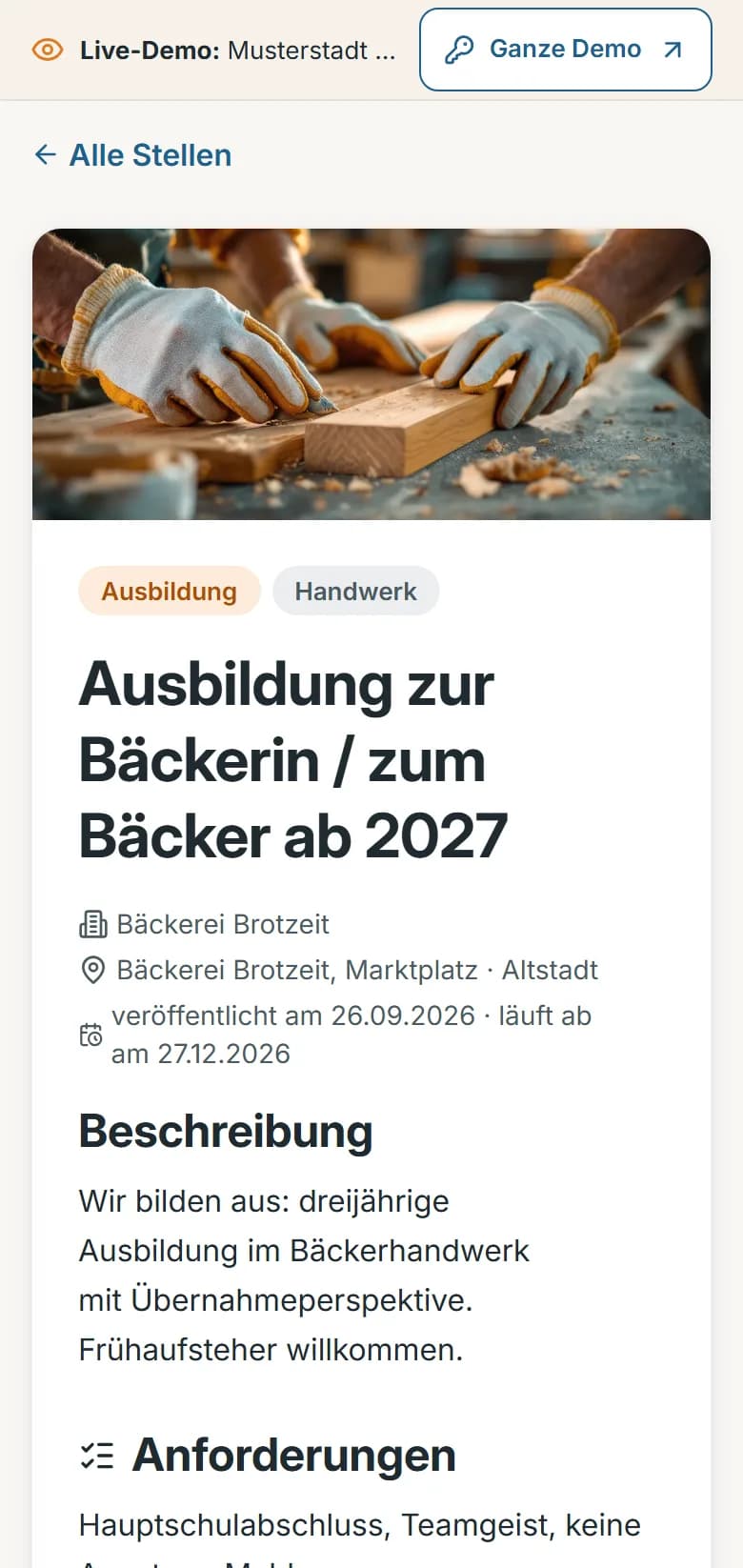 Ausbildungsstelle der Bäckerei in der Demo-Gemeinde Musterstadt: Bild, Kennzeichnung „Ausbildung“, Titel, Arbeitgeber, Ort, Laufzeit und der Anfang der Beschreibung