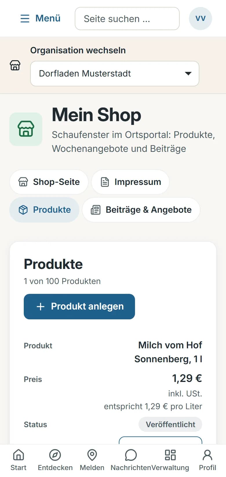 Vereinsportal, Bereich „Mein Shop“ des Dorfladens Musterstadt: Reiter Shop-Seite, Impressum, Produkte und Beiträge & Angebote, Liste „Produkte – 1 von 100 Produkten“ mit dem Produkt „Milch vom Hof Sonnenberg, 1 l“, Preis 1,29 € und Stand „Veröffentlicht“