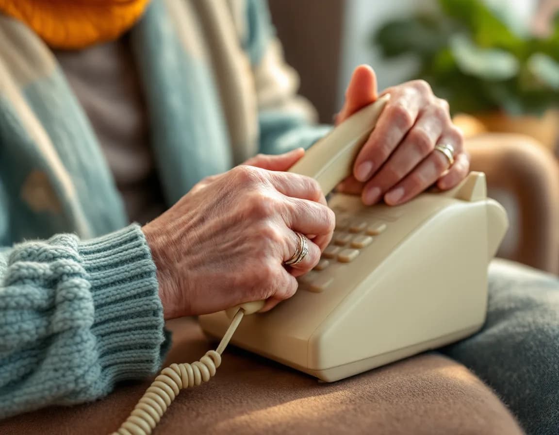Hand einer älteren Person mit Festnetz-Telefonhörer im Sessel