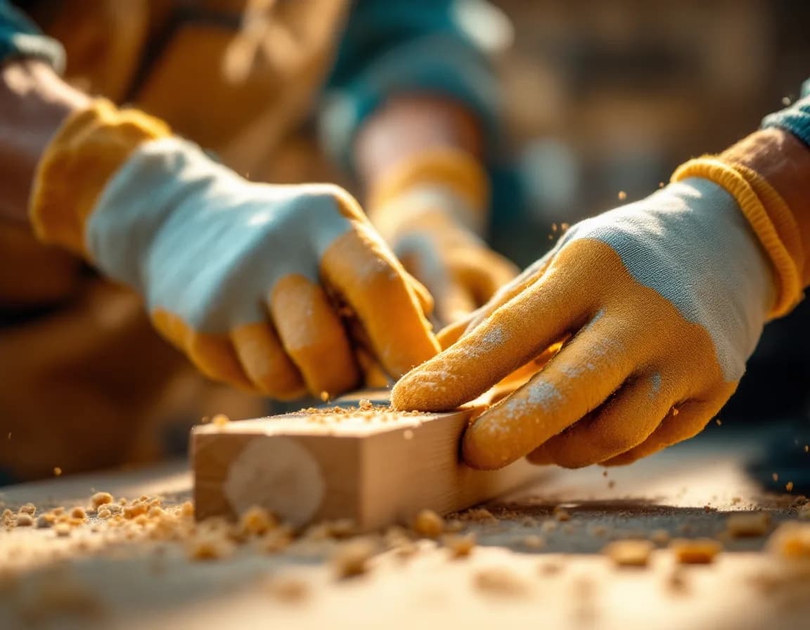Hände mit Handschuhen schleifen ein Holzbrett in einer Schreinerei