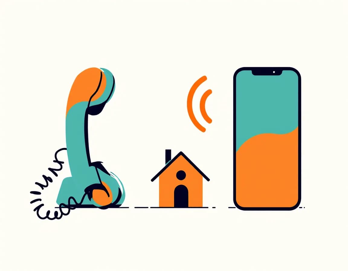 Festnetztelefon und Smartphone, verbunden durch eine Schallwelle