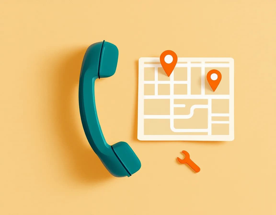 Telefonhörer neben Karte mit Pin, Mängel per Telefon melden