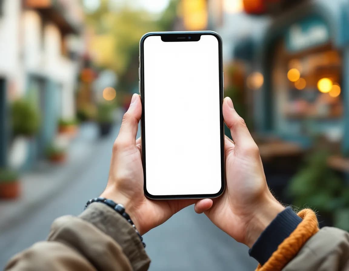 Hände halten ein Smartphone vor einer unscharfen Dorfstraße mit Bäckerei