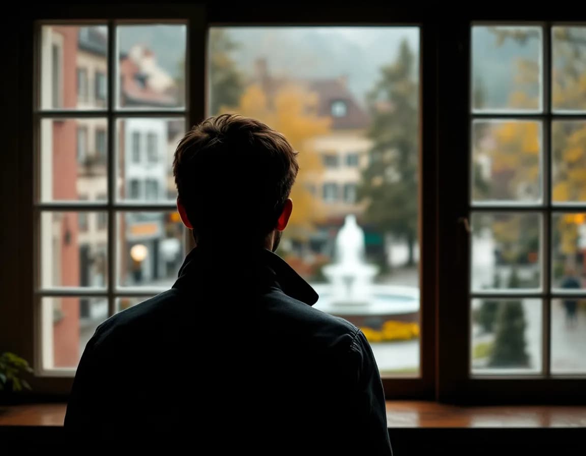 Person von hinten am Rathausfenster mit Blick auf den Marktplatz