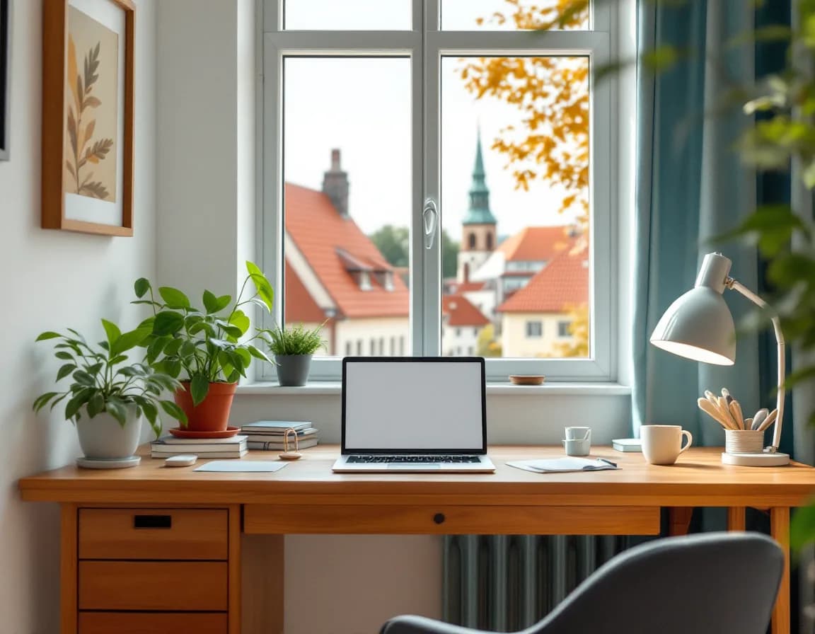 Heller Büroraum im Rathaus mit Laptop und Blick auf die Dächer des Ortes