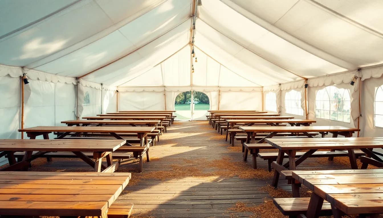 Leeres Festzelt mit Bierzeltgarnituren