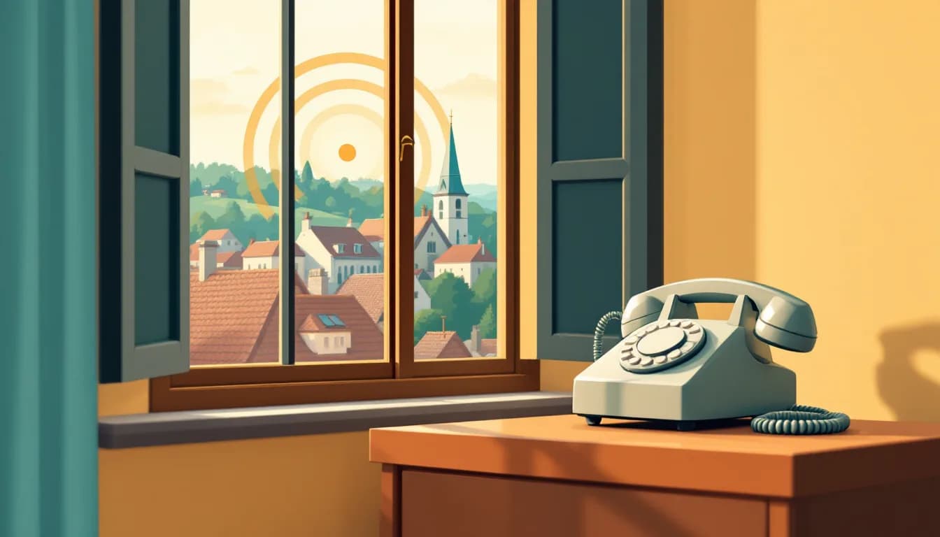 Festnetztelefon auf einer Kommode vor einem offenen Fenster mit Blick auf Dächer und Kirchturm