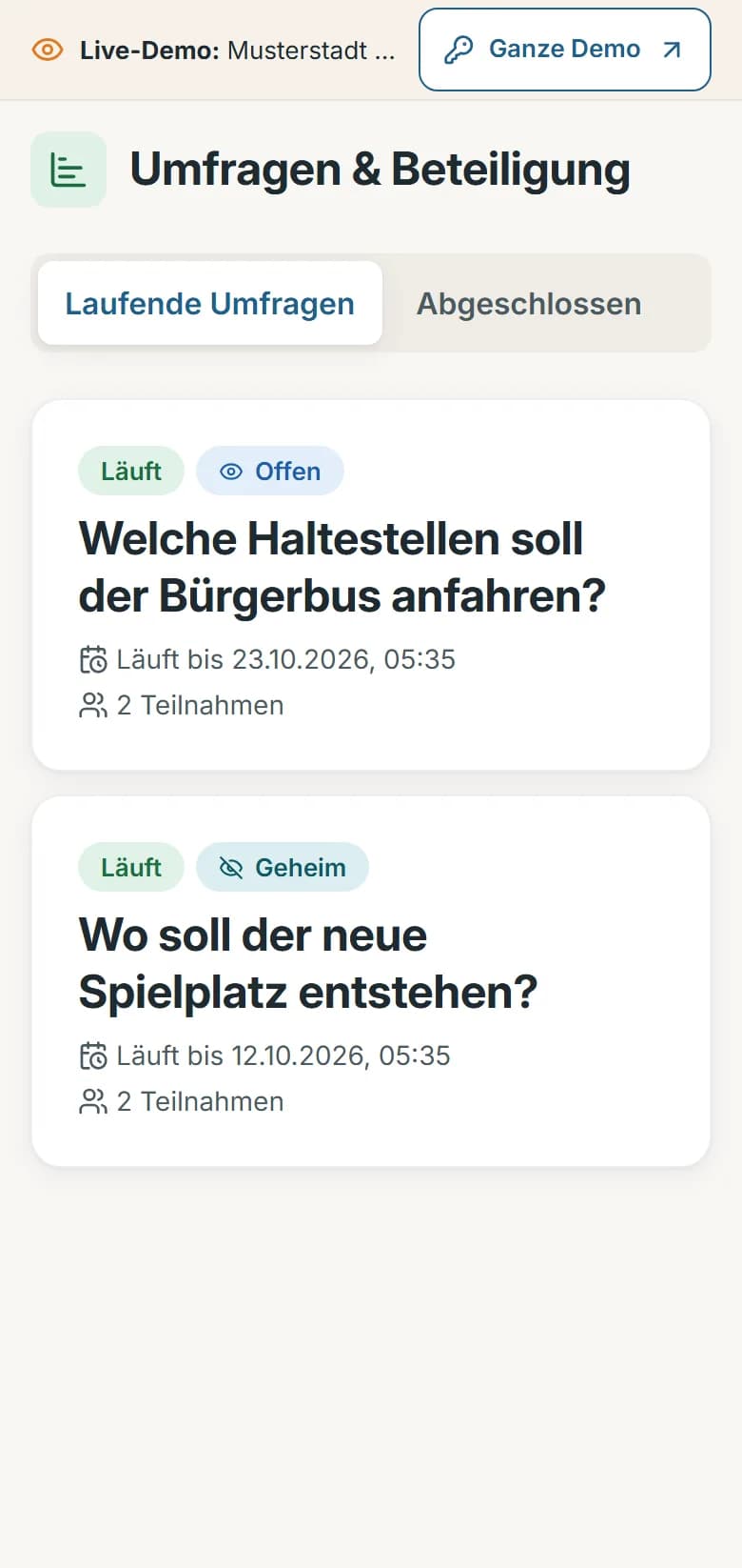 Umfragen der Demo-Gemeinde Musterstadt: laufende Umfragen mit Status, Art der Abstimmung, Laufzeit und Zahl der Teilnehmenden