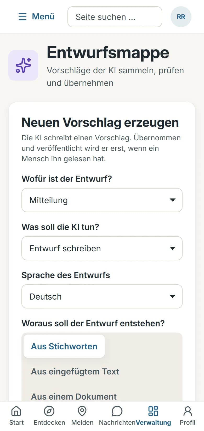 KI-Redaktion in der Verwaltung der Demo-Gemeinde Musterstadt: die Entwurfsmappe mit dem Formular für einen neuen Vorschlag und der Liste der Entwürfe mit Status und Befunden
