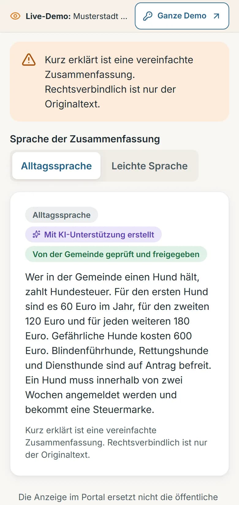 Hundesteuersatzung der Demo-Gemeinde Musterstadt, Reiter „Kurz erklärt“: die Zusammenfassung in wenigen Sätzen, gekennzeichnet als mit KI-Unterstützung erstellt und von der Redaktion geprüft