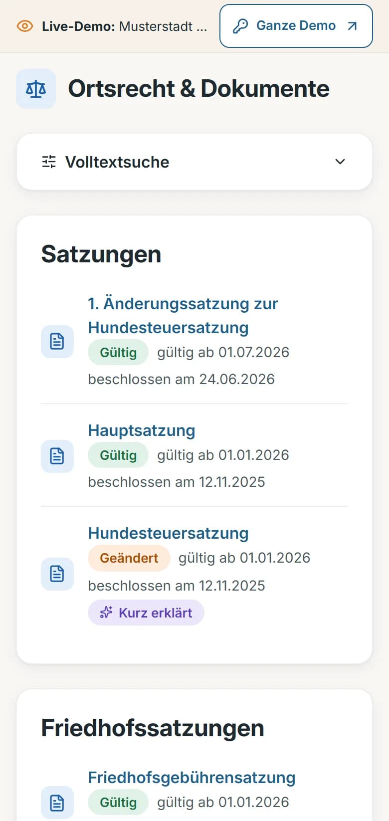 Ortsrecht der Demo-Gemeinde Musterstadt: die Bibliothek mit Satzungen nach Kategorie, Gültigkeit und Beschlussdatum, dazu die Werkzeuge Gebührenrechner und Haushalt