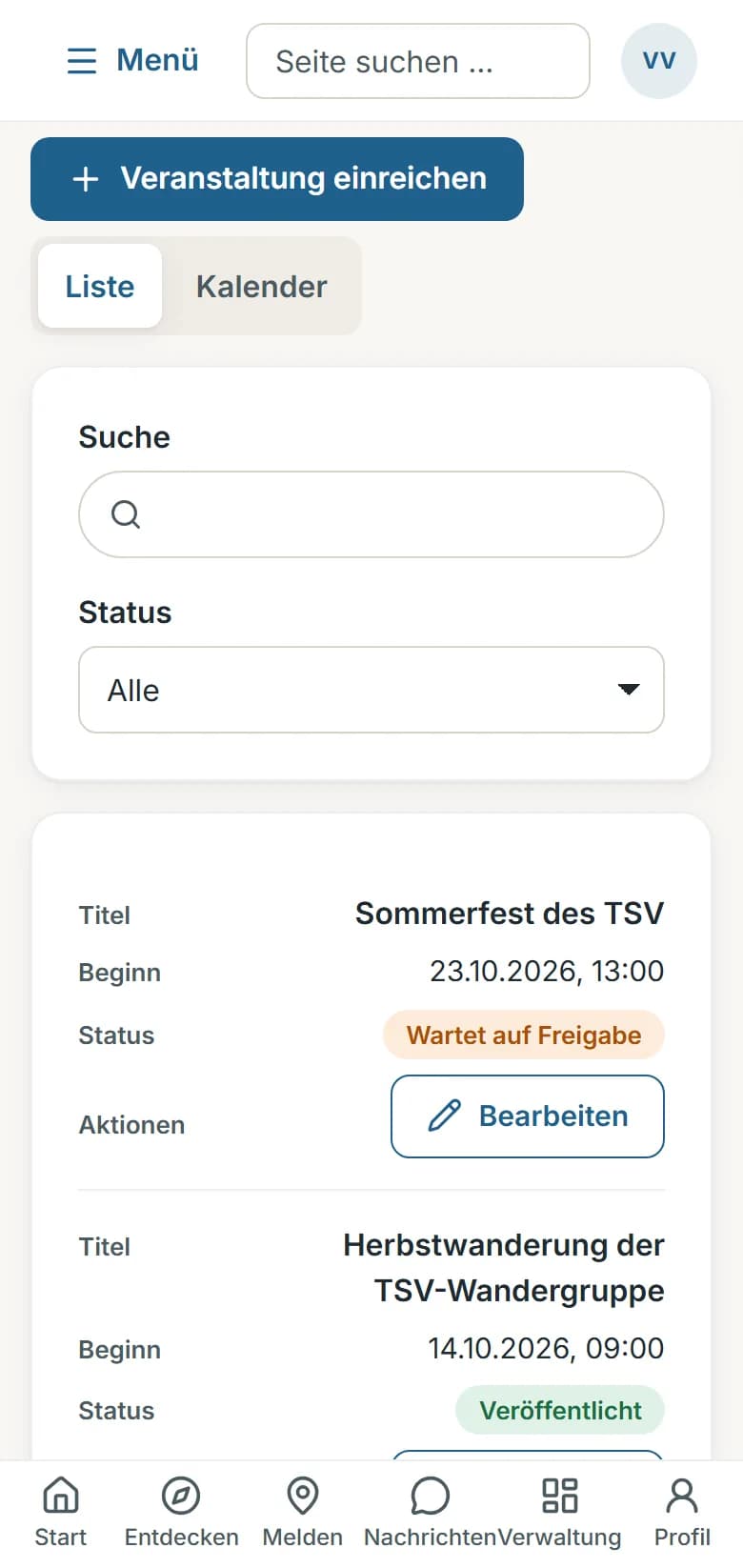 Vereinsportal des TSV Musterstadt, Bereich „Veranstaltungen“: Knopf „Veranstaltung einreichen“, Umschalter Liste/Kalender, Suche und Statusfilter, darunter der Termin „Sommerfest des TSV“ mit dem Stand „Wartet auf Freigabe“